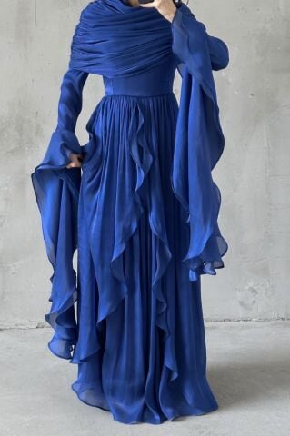 Volan Detaylı Fırfırlı Janjan Tesettür Abiye Saks Mavisi