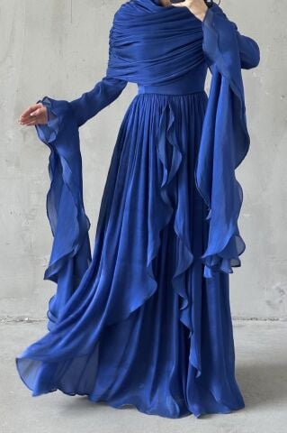 Volan Detaylı Fırfırlı Janjan Tesettür Abiye Saks Mavisi