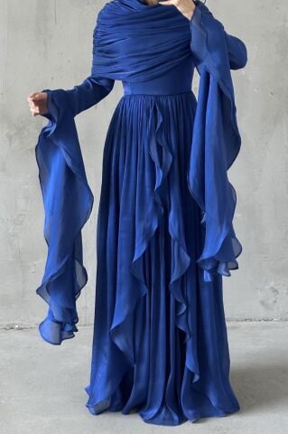 Volan Detaylı Fırfırlı Janjan Tesettür Abiye Saks Mavisi