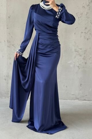 Satin Hijab Evening Dress with Pearl Detail on Sleeves and Neck and Tail Navy Blue