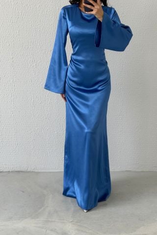 Arkadan Bağlama Detaylı Basic Parlak Saten Tesettür Abiye İndigo