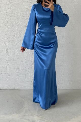 Arkadan Bağlama Detaylı Basic Parlak Saten Tesettür Abiye İndigo