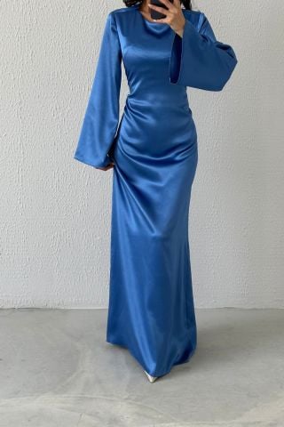 Arkadan Bağlama Detaylı Basic Parlak Saten Tesettür Abiye İndigo