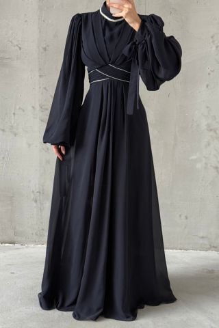 Kol Ve Bel Detaylı Şifon Tesettür Abiye Lacivert