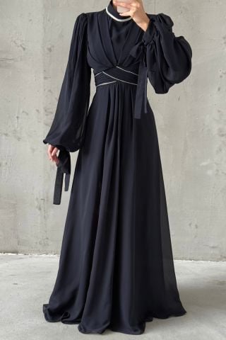 Sleeve and Waist Detailed Chiffon Hijab Evening Dress Navy Blue