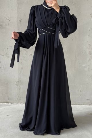 Kol Ve Bel Detaylı Şifon Tesettür Abiye Lacivert