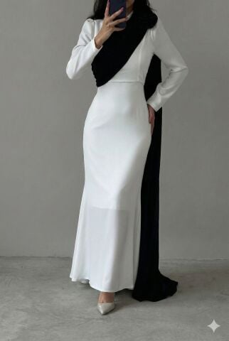 Çiçek Detaylı Drapeli Krep Kumaş Tesettür Abiye Ekru