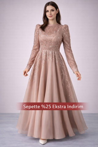 فستان سهرة للحجاب مطرز بالترتر اللامع والأورجانزا نحاسي