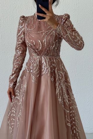 Işıltılı Pul İşlemeli Organze Tesettür Abiye Bakır