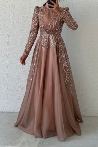 Işıltılı Pul İşlemeli Organze Tesettür Abiye Bakır