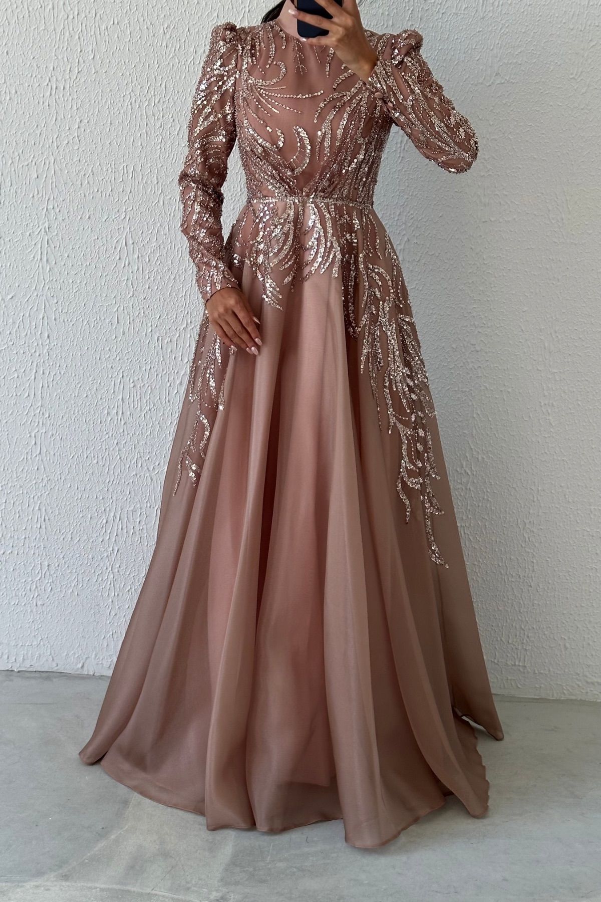 Işıltılı Pul İşlemeli Organze Tesettür Abiye Bakır