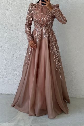 Işıltılı Pul İşlemeli Organze Tesettür Abiye Bakır