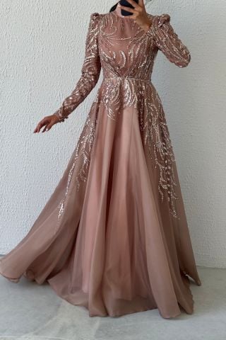 Işıltılı Pul İşlemeli Organze Tesettür Abiye Bakır