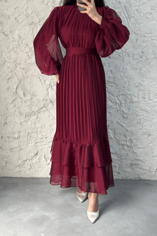 Pleated Layered Janjan Chiffon Hijab Evening Dress Claret Red