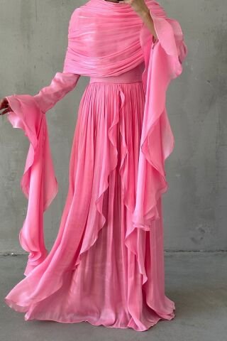 Volan Detaylı Fırfırlı Janjan Tesettür Abiye Toz Pembe