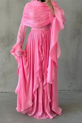 Volan Detaylı Fırfırlı Janjan Tesettür Abiye Toz Pembe