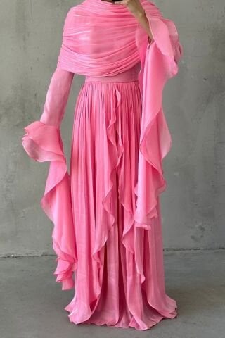 Volan Detaylı Fırfırlı Janjan Tesettür Abiye Toz Pembe