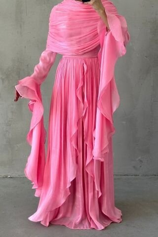 Volan Detaylı Fırfırlı Janjan Tesettür Abiye Toz Pembe