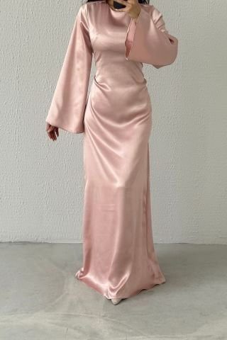 Arkadan Bağlama Detaylı Basic Parlak Saten Tesettür Abiye Pudra