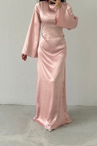 Arkadan Bağlama Detaylı Basic Parlak Saten Tesettür Abiye Pudra