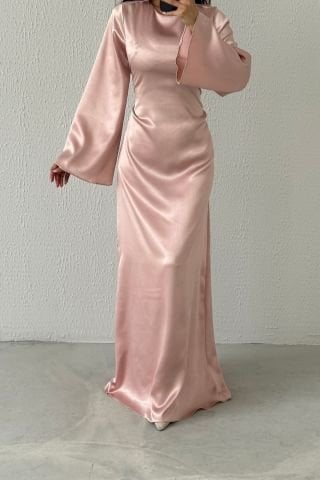 Arkadan Bağlama Detaylı Basic Parlak Saten Tesettür Abiye Pudra