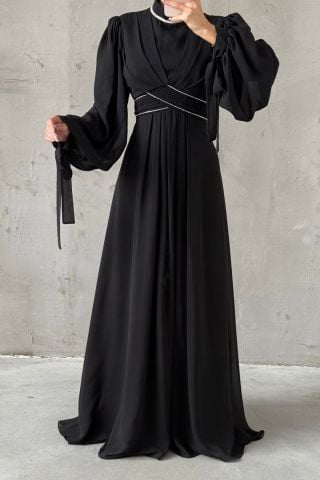 Sleeve and Waist Detailed Chiffon Hijab Evening Dress Black