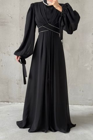 Kol Ve Bel Detaylı Şifon Tesettür Abiye Siyah