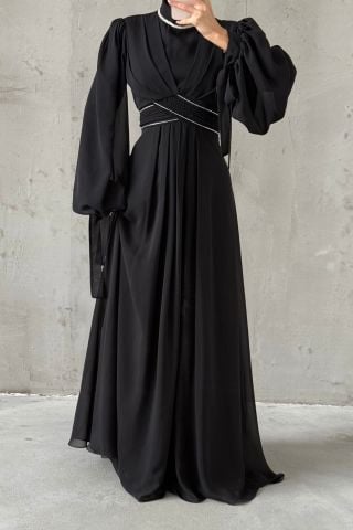 Kol Ve Bel Detaylı Şifon Tesettür Abiye Siyah