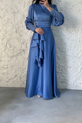 Satin Hijab Evening Dress with Stone Detail on the Sleeve Indigo