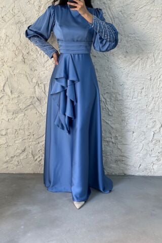 Satin Hijab Evening Dress with Stone Detail on the Sleeve Indigo