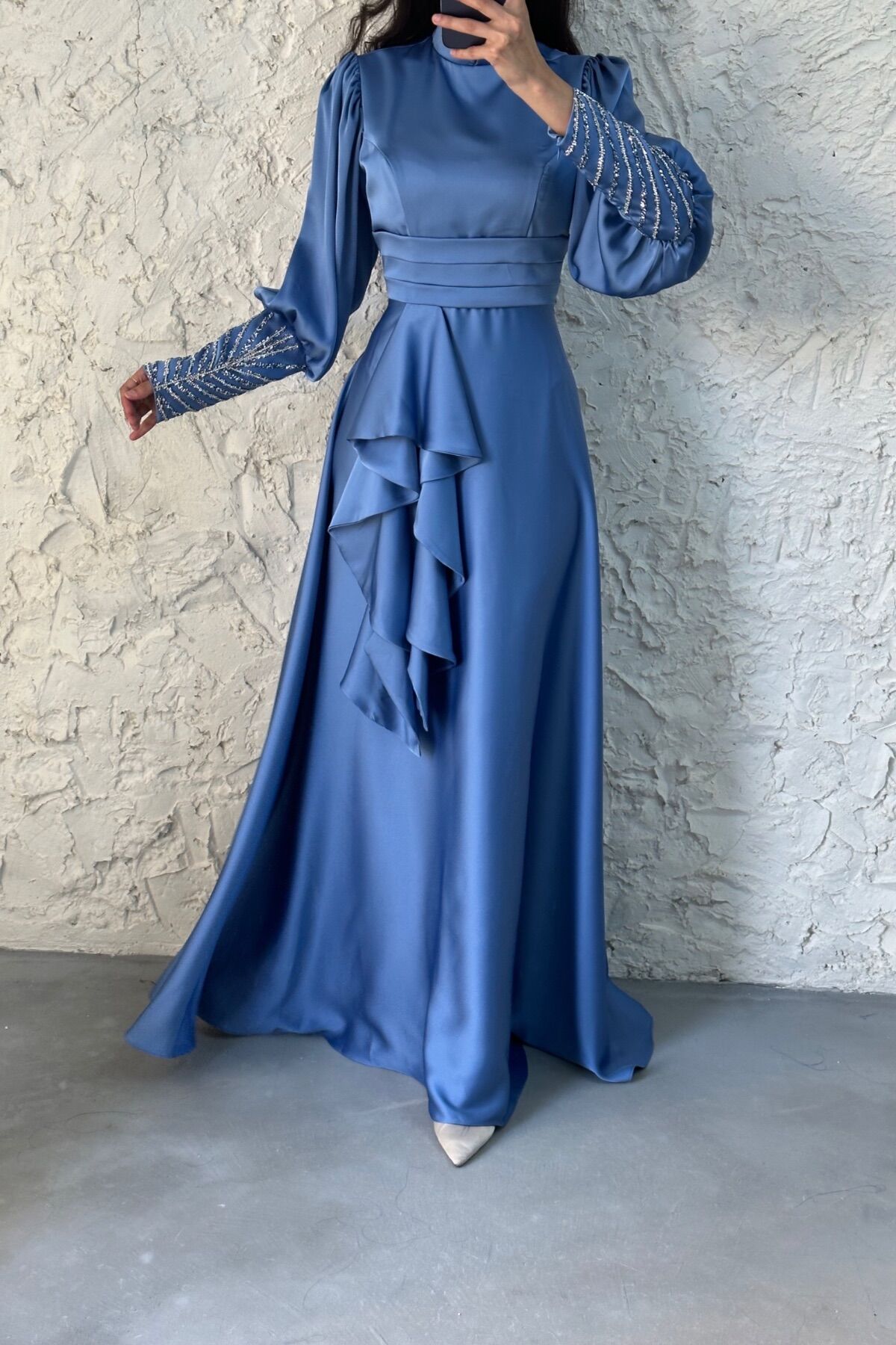 Satin Hijab Evening Dress with Stone Detail on the Sleeve Indigo