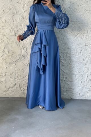 Satin Hijab Evening Dress with Stone Detail on the Sleeve Indigo