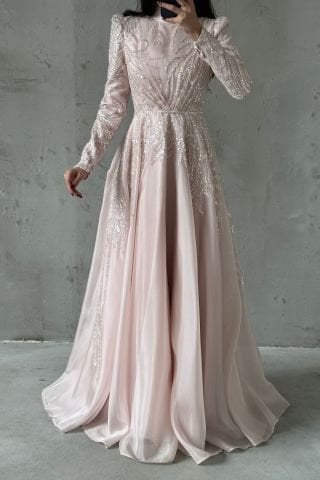 Işıltılı Pul İşlemeli Organze Tesettür Abiye Pudra