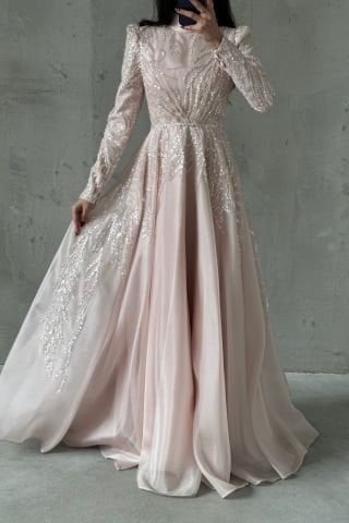 Işıltılı Pul İşlemeli Organze Tesettür Abiye Pudra