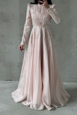 Işıltılı Pul İşlemeli Organze Tesettür Abiye Pudra