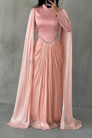 Işıltılı Dokunuş Kol Detaylı Tesettür Abiye Toz Pembe