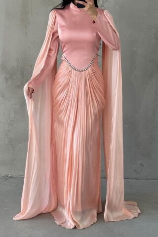 Işıltılı Dokunuş Kol Detaylı Tesettür Abiye Toz Pembe
