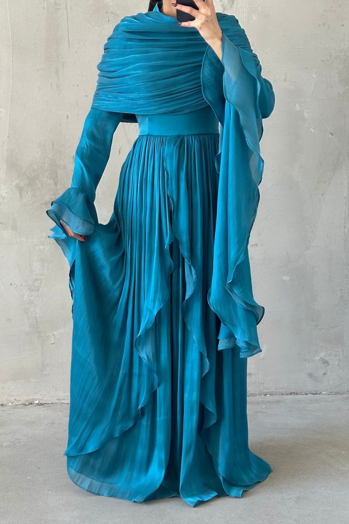 Frilled Detailed Shimmering Hijab Evening Dress Turquoise