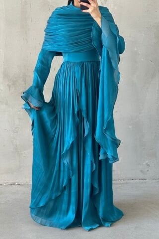 Volan Detaylı Fırfırlı Janjan Tesettür Abiye Turkuaz