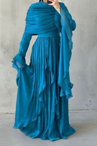 Frilled Detailed Shimmering Hijab Evening Dress Turquoise