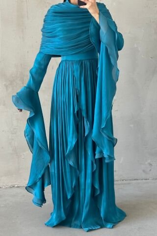 Frilled Detailed Shimmering Hijab Evening Dress Turquoise