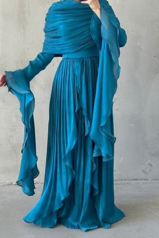 Frilled Detailed Shimmering Hijab Evening Dress Turquoise