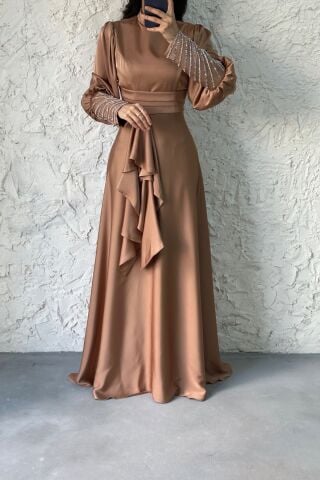Satin Hijab Evening Dress with Stone Detail on the Sleeve End Copper