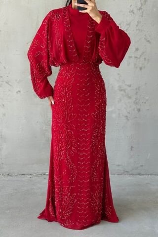 Modern Tasarım Şifon Tesettür Abiye Kırmızı