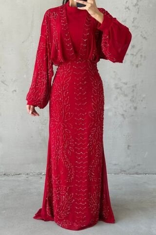 Modern Tasarım Şifon Tesettür Abiye Kırmızı