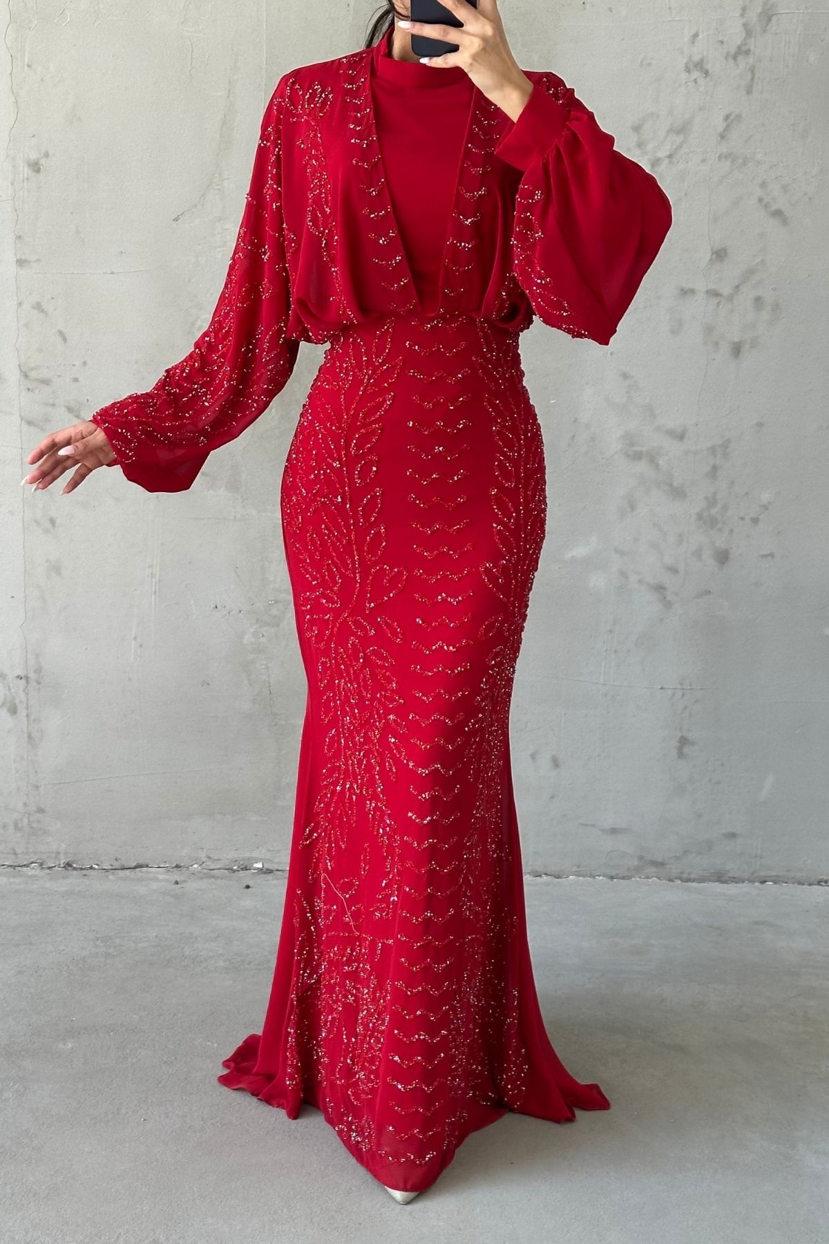 Modern Tasarım Şifon Tesettür Abiye Kırmızı