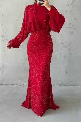 Modern Tasarım Şifon Tesettür Abiye Kırmızı