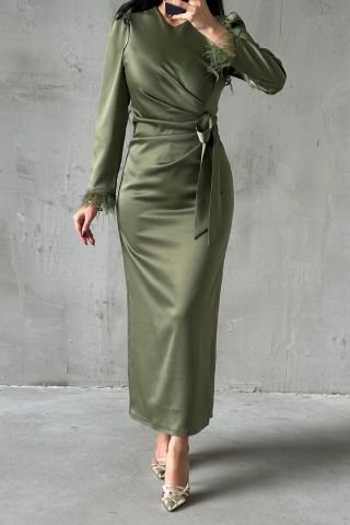 Pencil Satin Hijab Evening Dress Khaki with Feather Sleeves