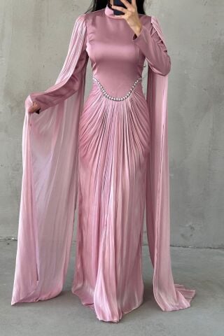 Glittery Touch Sleeve Detailed Hijab Evening Dress Powder Pink