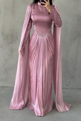 Glittery Touch Sleeve Detailed Hijab Evening Dress Powder Pink